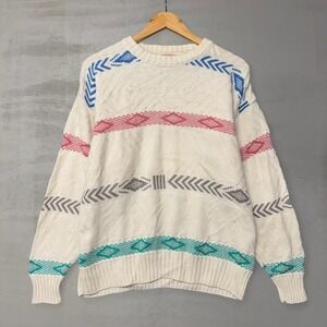The Fox Collection Sweater Cream Geometric Knit Vintage USA Large